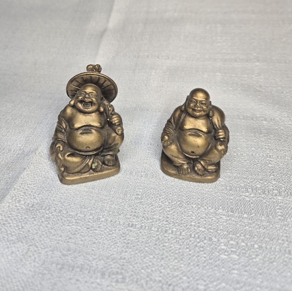 Buddha Figurines Miniature Gold Tone Lot of 2 Boho Hippie 2in Tall